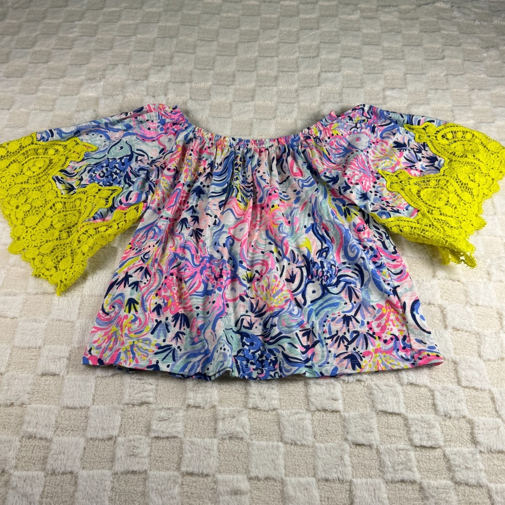 Lilly Pulitzer‎ Women's XS Off-Shoulder Cropped Blouse with Crochet Sleeves